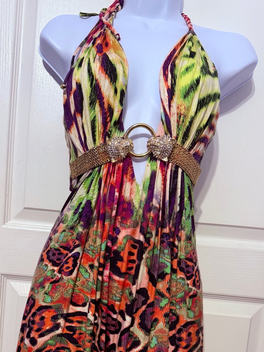 bebe Neon Green Multi-Color Backless Halter Dress with Gold Ring